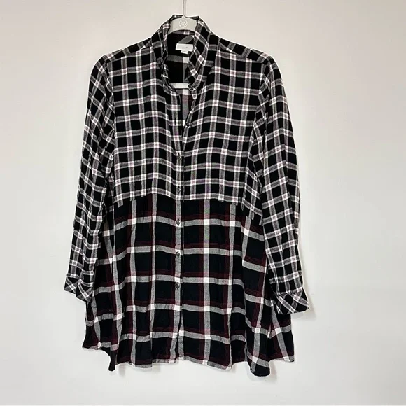 J. Jill Black Red Mixed Plaid Button Down Shirt Style Tunic Top Medium Petite - Picture 2 of 8